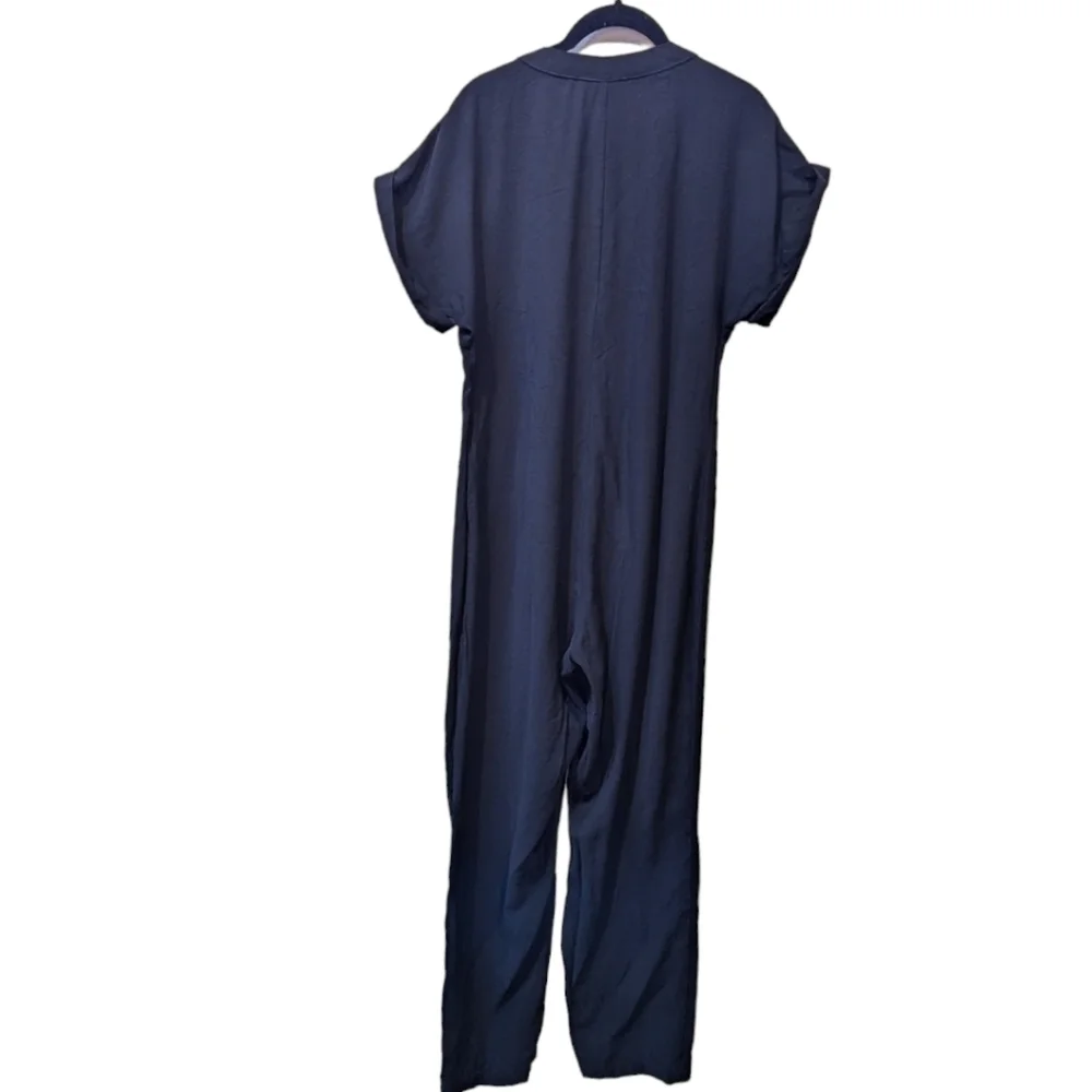 MNG Short Cuffed Sleeve V-Neck Button Front Viscose Blend Jumpsuit (M)
